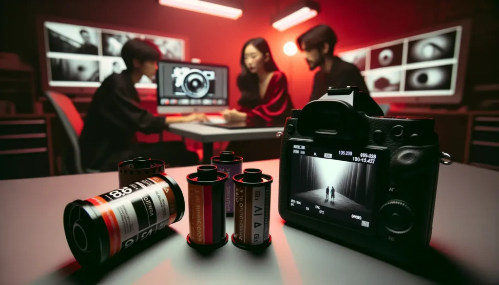 Digital photography studio with orthochromatic and panchromatic film rolls in the foreground