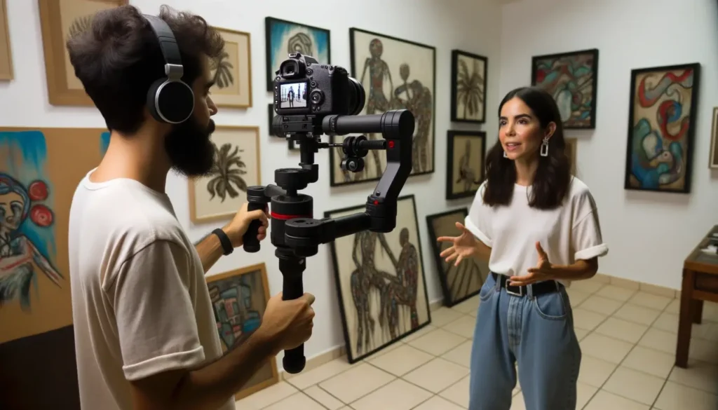 A Latina artist explaining her artworks during a The Follow style interview in her studio, with a camera operator capturing the scene using a gimbal.