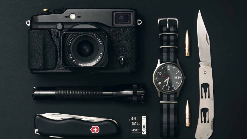 Black Camera, with analog watch