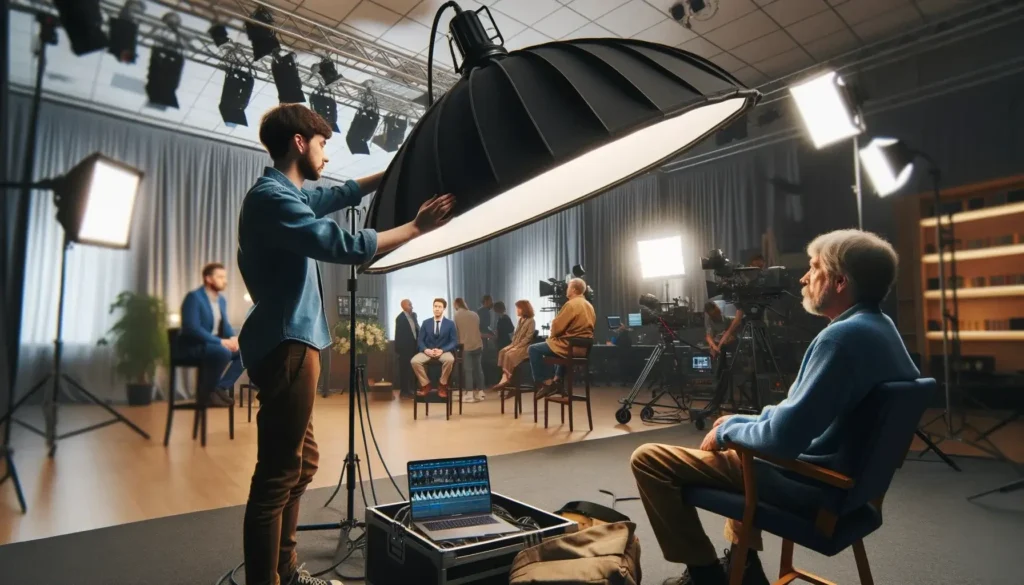 A lighting technician adjusting a softbox in a studio for even light distribution. Crew members prepare the set in the background