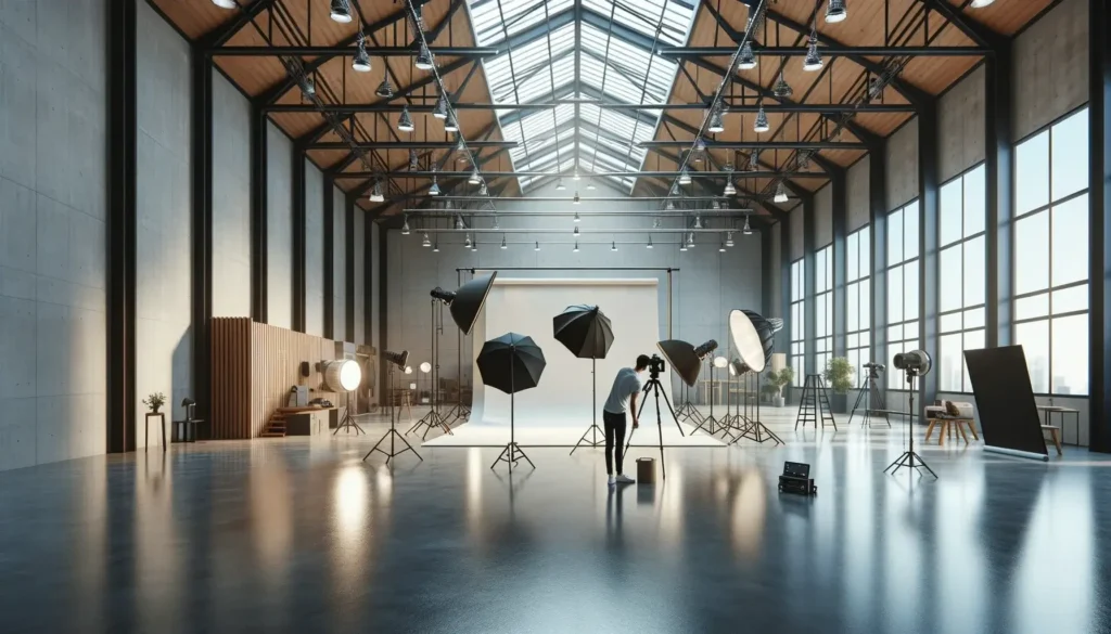 A spacious indoor photography studio with high ceilings professional lighting and a backdrop setup. A photographer adjusting a camera and an assistant setting up equipment