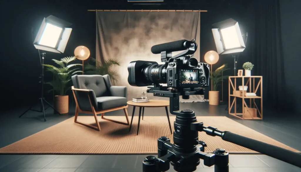 A well-prepared interview set with a comfortable chair backdrop and softbox lights. A camera on a gimbal is in the foreground operated by a videographer 