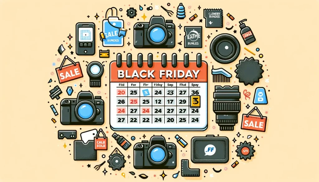 A calendar marked with Black Friday and the surrounding dates. Around the calendar there are icons of cameras lens bundles memory