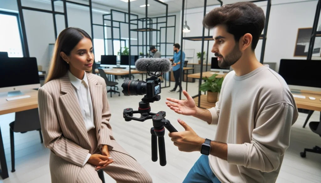 Image of The Follow interview style inside a modern office. A Hispanic male interviewee guides a diverse female interviewer through the workspace 