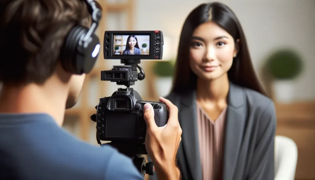 Image of a professional cameraman focusing his camera on a woman being interviewed. The background is blurred emphasizing the subject