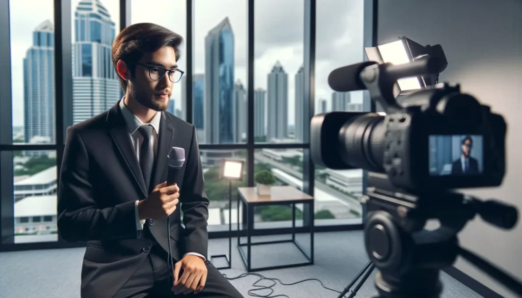 Image of a professional interviewer with a microphone in a quiet well lit room preparing to interview someone.