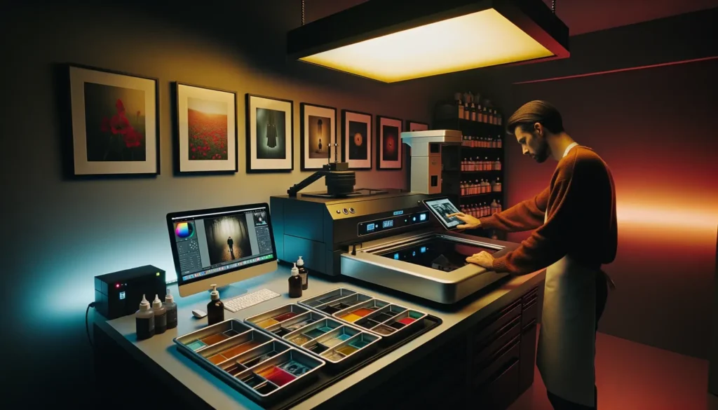 Modern digital darkroom illuminated by a red safelight, with a photographer adjusting settings on a digital color enlarger. In the background, a LED panel emits a faint yellow light, highlighting alternative lighting options for the darkroom. The workspace features trays with chemicals, a connected computer, and a color paper processing machine.