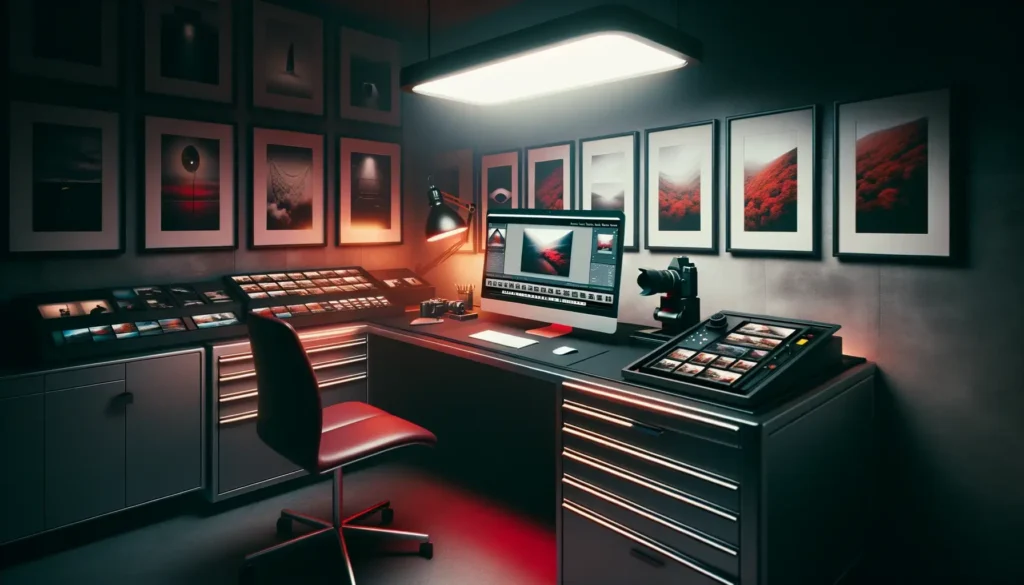 Modern digital photography darkroom with a computer showcasing photo editing software illuminated by a soft red safelight and walls adorned with large digital photographs