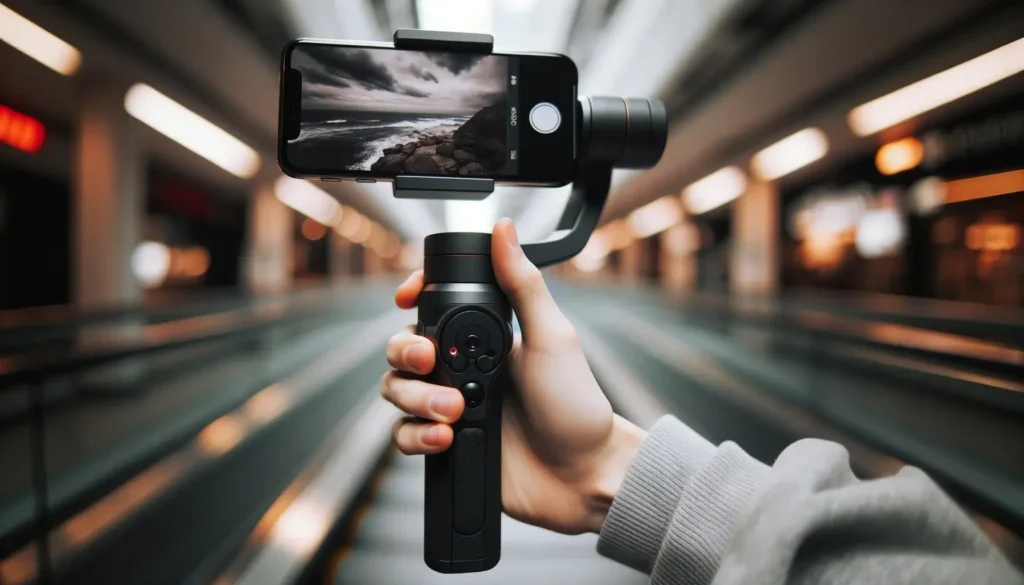 Modern gimbal held by a hand with a smartphone mounted emphasizing its functionality and ease of use