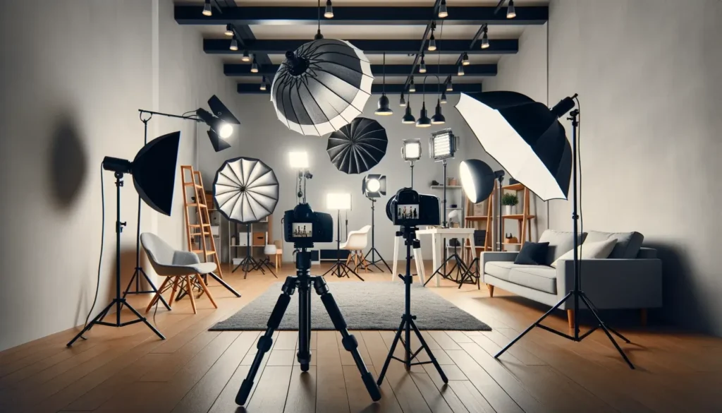 Modern indoor photography studio showcasing various lighting equipment including a softbox umbrella reflectors and LED lights. A camera on a tripod is set to capture the illuminated scene