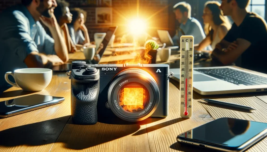 Photo of a Sony A6400 camera placed on a wooden table with the suns rays directly shining on it causing it to overheat