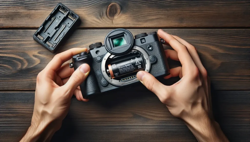 Photo of a modern camera with an open battery compartment showing a battery inside