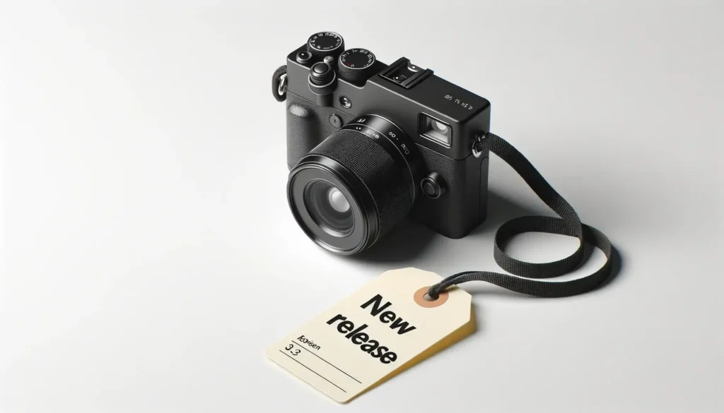 Photo of a sleek modern camera on a clean white background with a price tag showing its original retail price