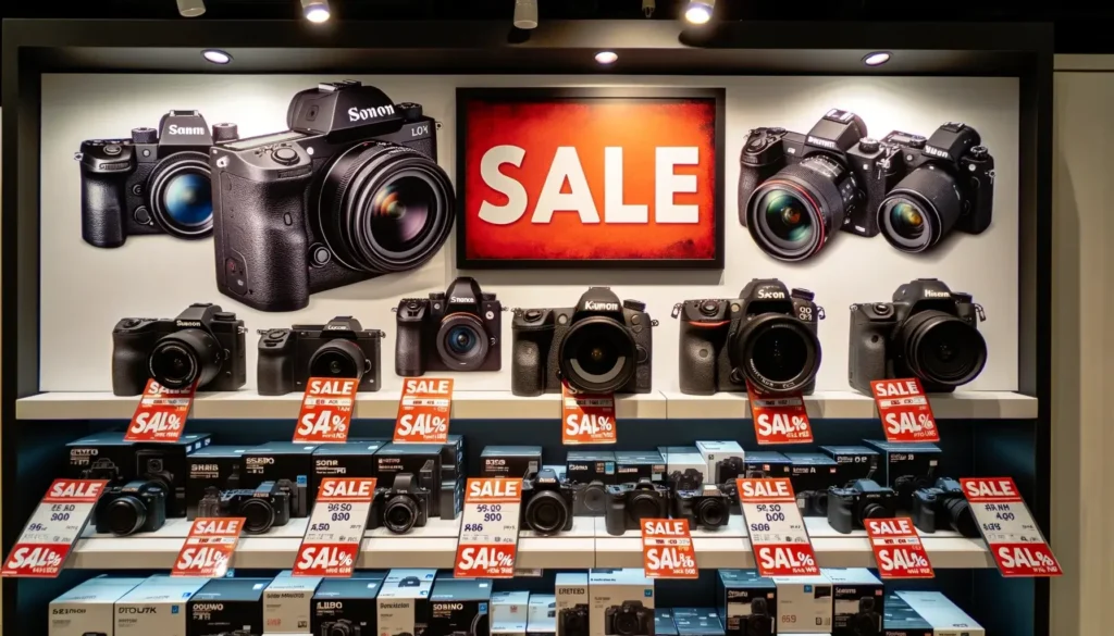Photo of a stores advertisement board displaying the SALE sign with a range of cameras from various brands in the background