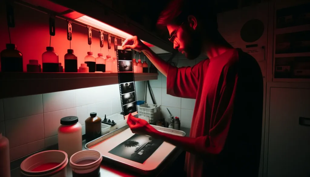 Photographer in a darkroom using a red safelight holding a film negative with trays of chemicals nearby and a black and white photograph drying in the background