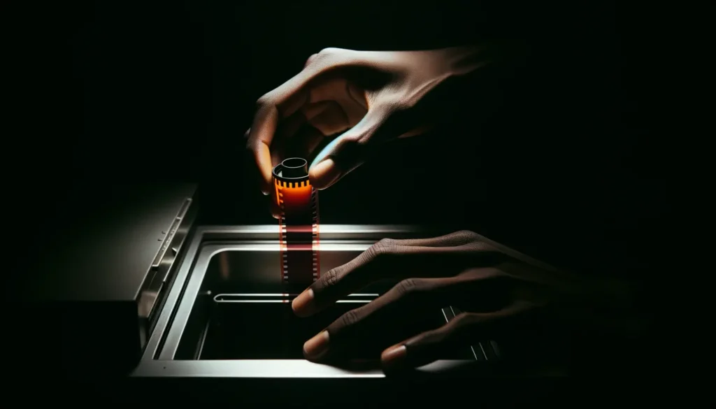 Photographer's hands in complete darkness, loading a color film into a developing tank, highlighting the sensitivity of color film to light
