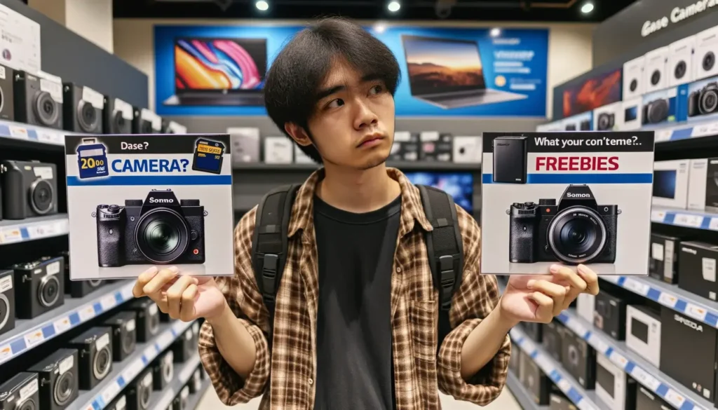 a person comparing two cameras in a store. One camera has a large discount tag while the other has a sticker highlighting
