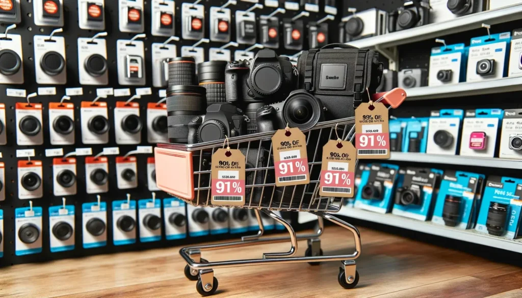 a shopping cart filled with various camera models with price tags showing discounts. On the side theres a stand displaying camera accessories